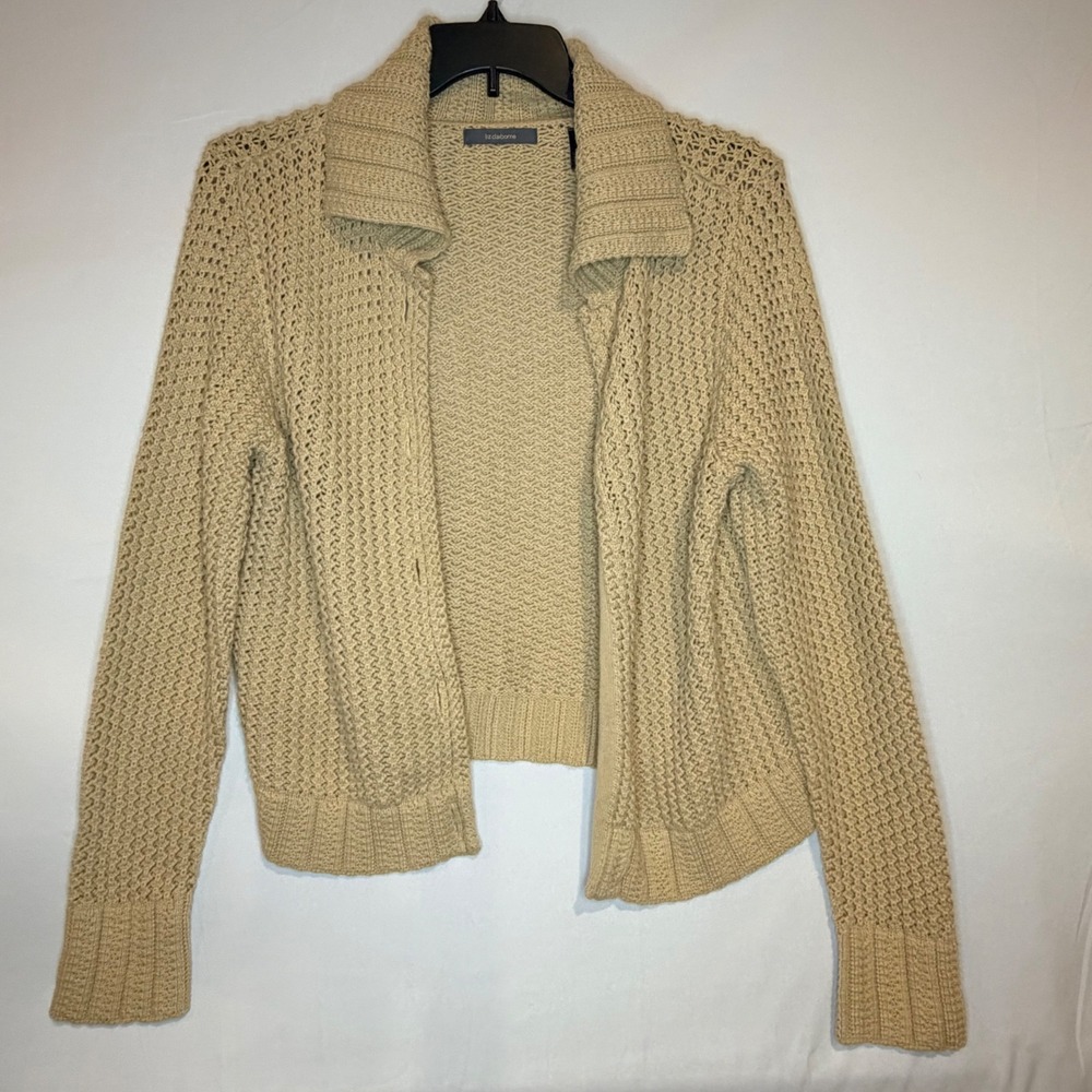 Liz Claiborne Tan Open Knit Cardigan Sweater Womens Large Beige Collared
